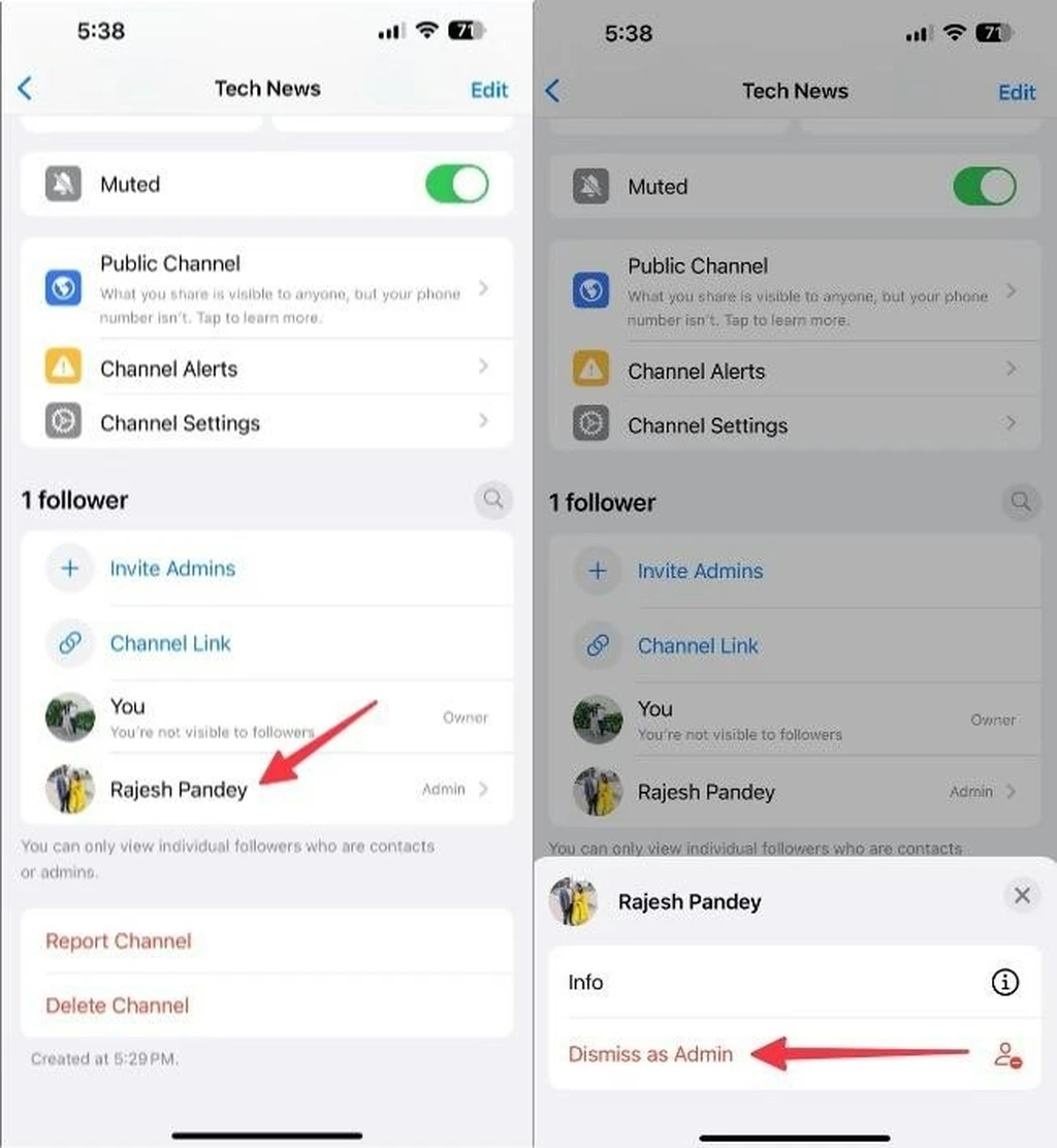 حذف مدیر در کانال واتس‌اپ برای iOS