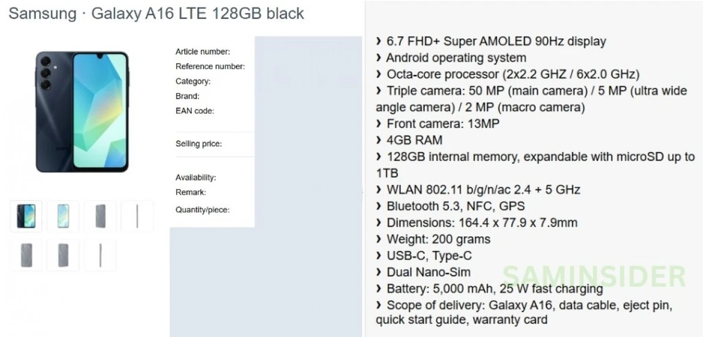 مشخصات فنی مدل 4G گلکسی A16