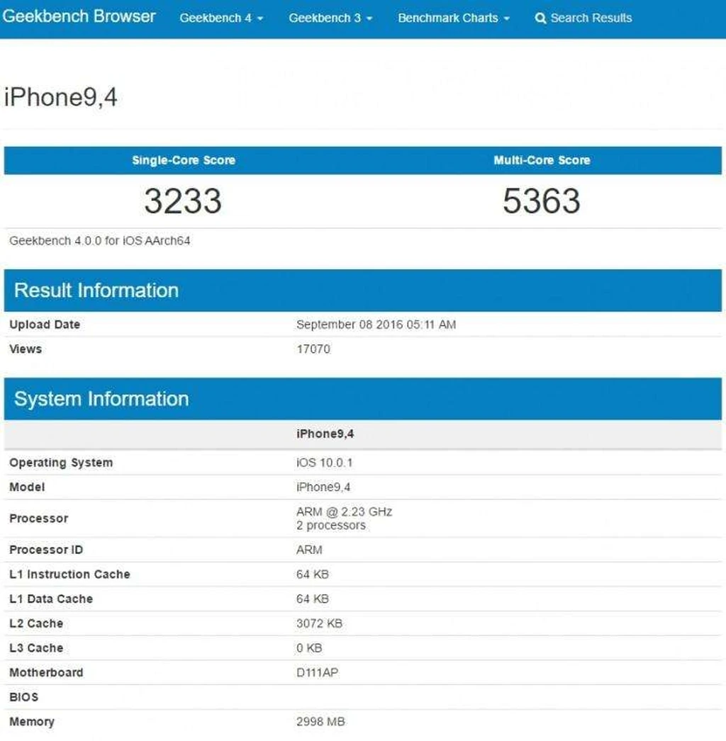 تایید رم 3 گیگابیتی آیفون 7 پلاس در نتایج GeekBench