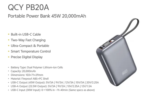 پاوربانک 45 وات کیو سی وای مدل PB20A ظرفیت 20000 میلی‌آمپر-1